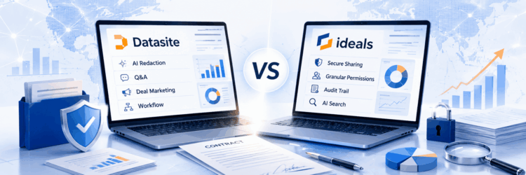 Merrill Datasite and Ideals VDR on two laptops with a central “VS” badge, surrounded by contract documents, security icons, charts, a lock, and analytics visuals.