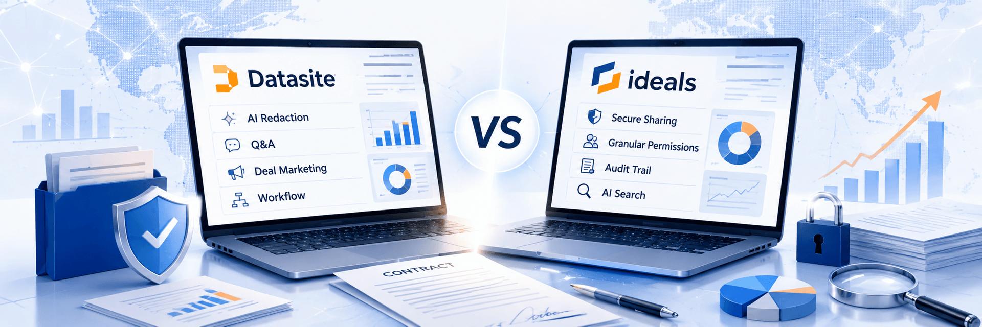 Merrill Datasite and Ideals VDR on two laptops with a central “VS” badge, surrounded by contract documents, security icons, charts, a lock, and analytics visuals.
